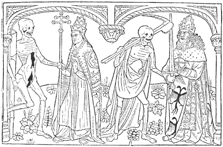 Figure 33.--Dance of Death of Guyot Marchant in 1486. The Pope and the Emperor. From Henri Bouchot 'The Printed Book' (1887), page 85, published size in Bouchot 7.9cm wide by 5.2cm high.