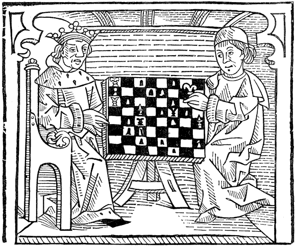 Figure 36.--Woodcut from Caxton's ' Game and Playe of the Chesse.' From Henri Bouchot 'The Printed Book' (1887), page 91, published size in Bouchot 12cm wide by 10cm high.