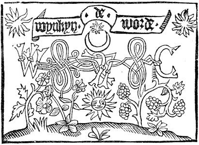 Figure 40.-- Printer's mark of Wynken de Worde.  From Henri Bouchot 'The Printed Book' (1887), page 95, published size in Bouchot 6.1cm wide by 4.4cm high.