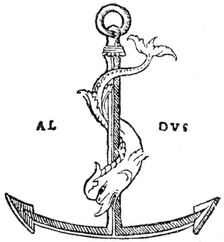 Figure 42.--The anchor and dolphin, mark of Aldus Manutius, after the original in the Terze Rime of 1502, where it appears for the first time.  From Henri Bouchot 'The Printed Book' (1887), page 100, published size in Bouchot, 4.4cm wide by 5cm high..