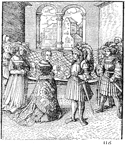 Figure 45.--Plate taken from the 'Theuerdanck', representing Maximilian and Mary of Burgundy.  Engraved on wood after Schaufelein. From Henri Bouchot 'The Printed Book' (1887), page 105, published size in Bouchot 6.9cm wide by 8.1cm high.
