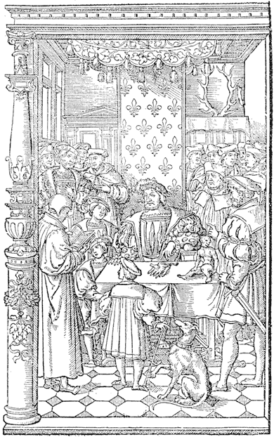 Figure 52.--Macault reading to Francis I. his translation of Diodorus Siculus. Wood engraving attributed to Geoffroy Tory, 1535. From Henri Bouchot 'The Printed Book' (1887), page 119, published size in Bouchot 8cm wide by 12.9cm high.