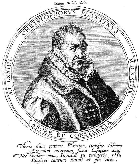 Figure 64.--Portrait of Christopher Plantin, printer of Antwerp. Engraved by Wierix, 16th century. From Henri Bouchot 'The Printed Book' (1887), page 139, published size in Bouchot 9.4 cm wide by 11.25 cm high.