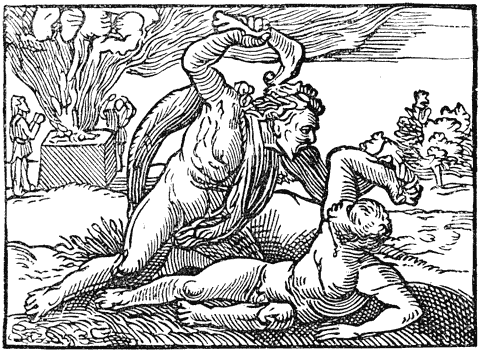 Figure 67.--Woodcut of Cain killing Abel by Hans Sebald Beham from the first English Bible - Coverdale's translation - 1535. Possibly printed by Van Meteren at Antwerp. From Henri Bouchot 'The Printed Book' (1887), page 147, published size in Bouchot 6.8 cm wide by 5 cm high