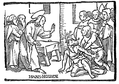 Figure 68.--Woodcut by Hans Holbein of Christ casting out devils. From Cranmer's Catechism, 1548, printed by Nicholas Hill. From Henri Bouchot 'The Printed Book' (1887), page 149, published size in Bouchot 6 cm wide by 4.2 cm high.
