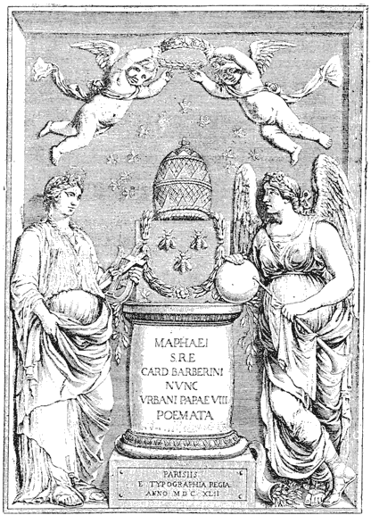 Figure 71.--Claude Mellan title page engraving, 1642, 'Poesies'. From Henri Bouchot 'The Printed Book' (1887), page 157, published size in Bouchot 8.4 cm wide by 12 cm high.
