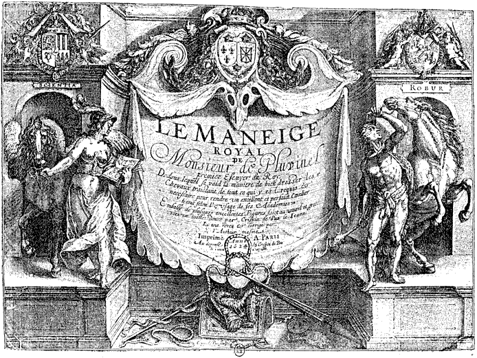 Figure 72.--Pluvinel's 'Maneige Royal', 1624, title page, by the Dutch engraver Crispin Pass  From Henri Bouchot 'The Printed Book' (1887), page 161, published size in Bouchot 12 cm wide by 8.8 cm high.