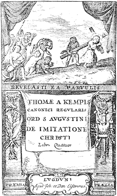 Figure 73.--'De Imitatione' of Thomas a Kempis, title page, printed by John and Daniel Elzevir about 1653. From Henri Bouchot 'The Printed Book' (1887), page 163, published size in Bouchot 5.9 cm wide by 10.1 cm high.