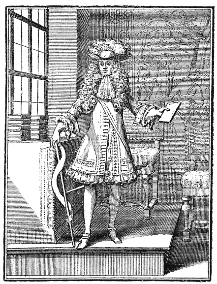 Figure 78.--Sebastien Leclerc, 17th century French artist engraver, dandy for a Richesource pamphlet, circa 1679. From Henri Bouchot 'The Printed Book' (1887), page 179, published size in Bouchot 7.3 cm wide by 9.8 cm high.