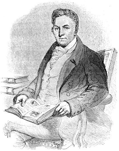 Figure 92.--Portrait of Thomas Bewick, 1753-1828, English woodcut engraver. From Henri Bouchot 'The Printed Book' (1887), page 214, published size in Bouchot 8.5 cm wide by 11 cm high.