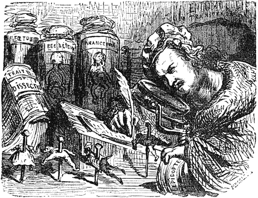 Figure 98.--Balzac writing his 'Contes Drolatiques'. Vignette by Gustave Dore. From Henri Bouchot 'The Printed Book' (1887), page 234, published size in Bouchot  7.8cm wide by 6.1cm high.