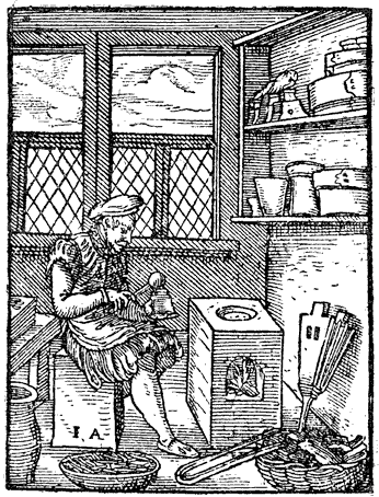 Figure 102.--Type-founder in the middle of the sixteenth century. Engraving by Jost Amman. From Henri Bouchot 'The Printed Book' (1887), page 241, published size in Bouchot 5.9 cm wide by 7.8 cm high.