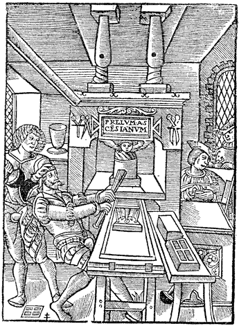 Figure 103.--Mark of Jodocus Badius of Asch, representing the interior of a printing office about 1535. From Henri Bouchot 'The Printed Book' (1887), page  247, published size in Bouchot 7 cm wide by 9.7 cm high.