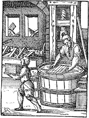 Figure 104.--Paper making.Workman engaged on the tub with the frame of wires. Engraving by Jost Amman, Swiss engraver (1539-1591). From Henri Bouchot 'The Printed Book' (1887), page 250, published size in Bouchot, 5.8 cm wide by 7.7 cm high.