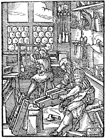 Figure 105.--Bookbinder's shop in the 16th century. Engraving by Jost Amman. From Henri Bouchot 'The Printed Book' (1887), page 255, published size in Bouchot 5.8 cm wide by 7.8 cm high.