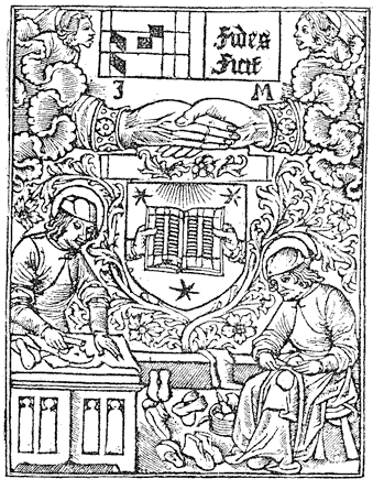 Figure 109.--Mark of Guyot Marchant, 15th century printer and bookbinder.  From Henri Bouchot 'The Printed Book' (1887), page 266, published size in Bouchot 6.9 cm wide by 9 cm high.