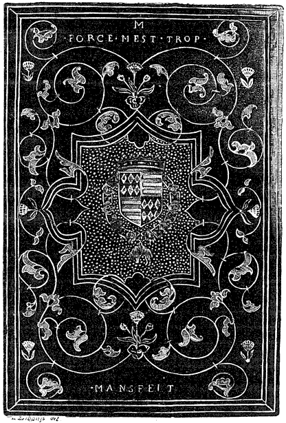 Figure 113.--17th century German binding with the arms of Count Mansfeldt (c.1580-1626), showing the ornamental style with azure scroll work, from the Didot collection. From Henri Bouchot 'The Printed Book' (1887), page 273, published size in Bouchot 8.5 cm wide by 12.8 cm high.