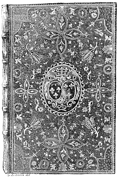 Figure 118.--Mosaic binding of the eighteenth century, with the arms of the Regent for Louis XV, Philippe d'Orleans, and his wife, Francoise Marie de Bourbon. From Henri Bouchot 'The Printed Book' (1887), page 285, published size in Bouchot 8.45 cm wide by 12.7 cm high.