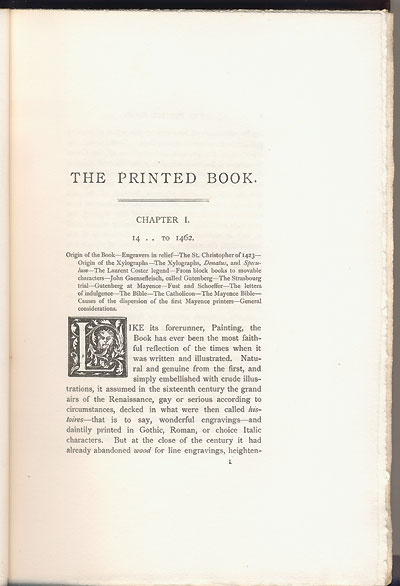 Henri Bouchot (1889) 'The Printed Book', page 1. Published size of image 17.22 cm wide by 25.21  cm high