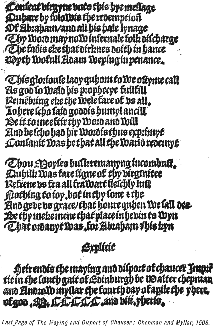 Last page of The Maying and Disport of Chaucer, Chepman & Myllar 1508, printed size 9.5cm wide x 13.6cm deep
