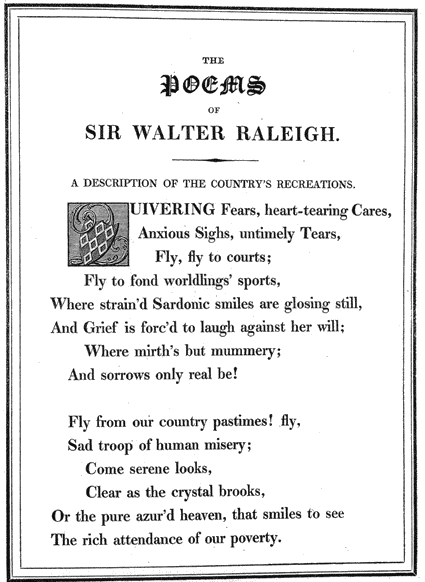 First page of poems, from Lee Priory Press 'The Poems of Sir Walter Raleigh' 1813, page 1, published size 14.19cm wide by 19.44cm high.