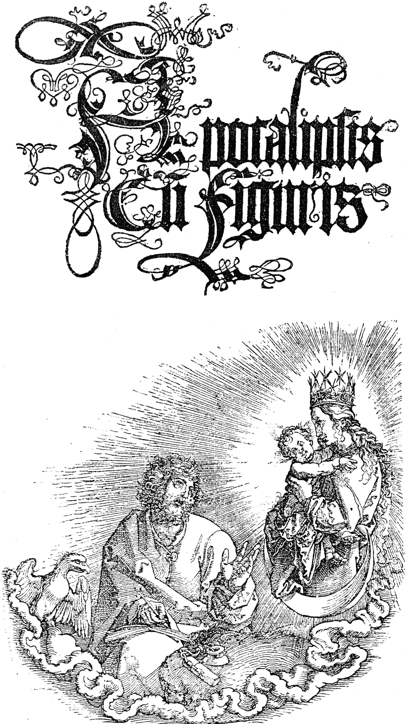 Title of the 'Apocalypse,' by Albert Durer, printed in 1498.  First edition, without text. From Henri Bouchot 'The Printed Book' (1887), page 63, published size in Bouchot, 7.8cm wide by 14.2cm high.