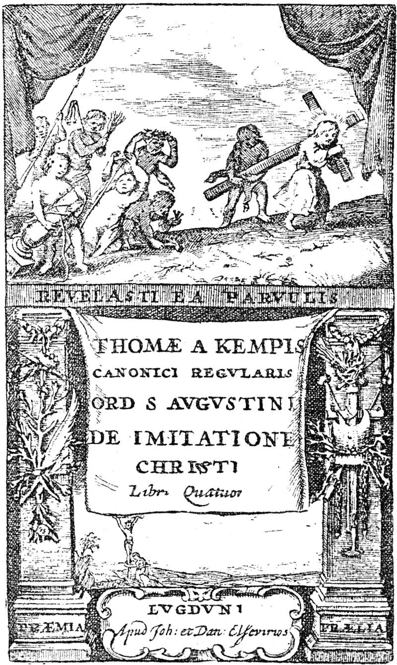 Elzevir, Dutch printers, title page to Thomas a Kempis 'De Imitatione'. From Henri Bouchot 'The Printed Book' 1887, page 163, published size 5.9 cm wide by 10.1 cm high.