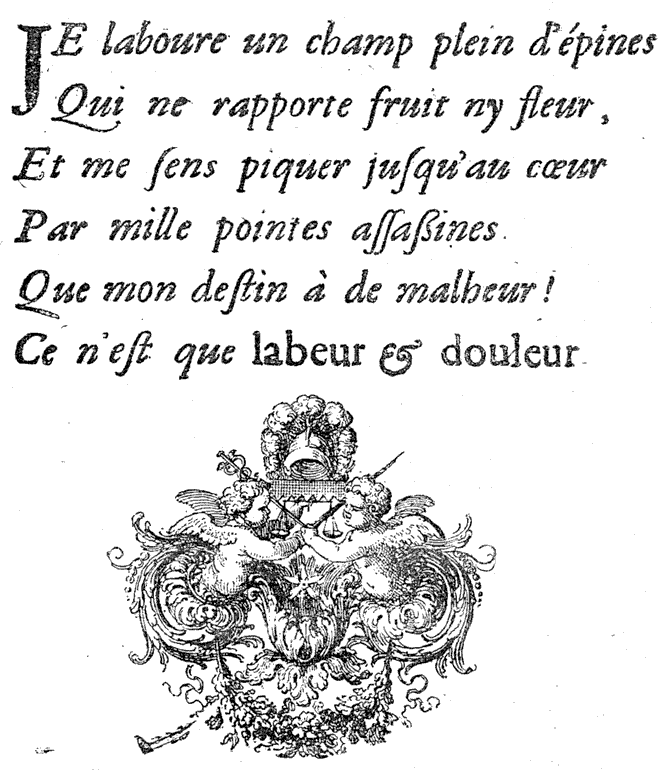 Tailpiece of Sebastien Leclerc, 17th century French artist, for the 'Promenade de St. Germain'. From Henri Bouchot 'The Printed Book' 1887, page 176, published size 8.1 cm wide by 9.4 cm.